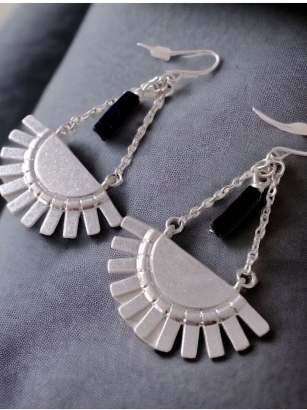 Silver Sunburst with Blue Agate Dangle Pierced Earrings